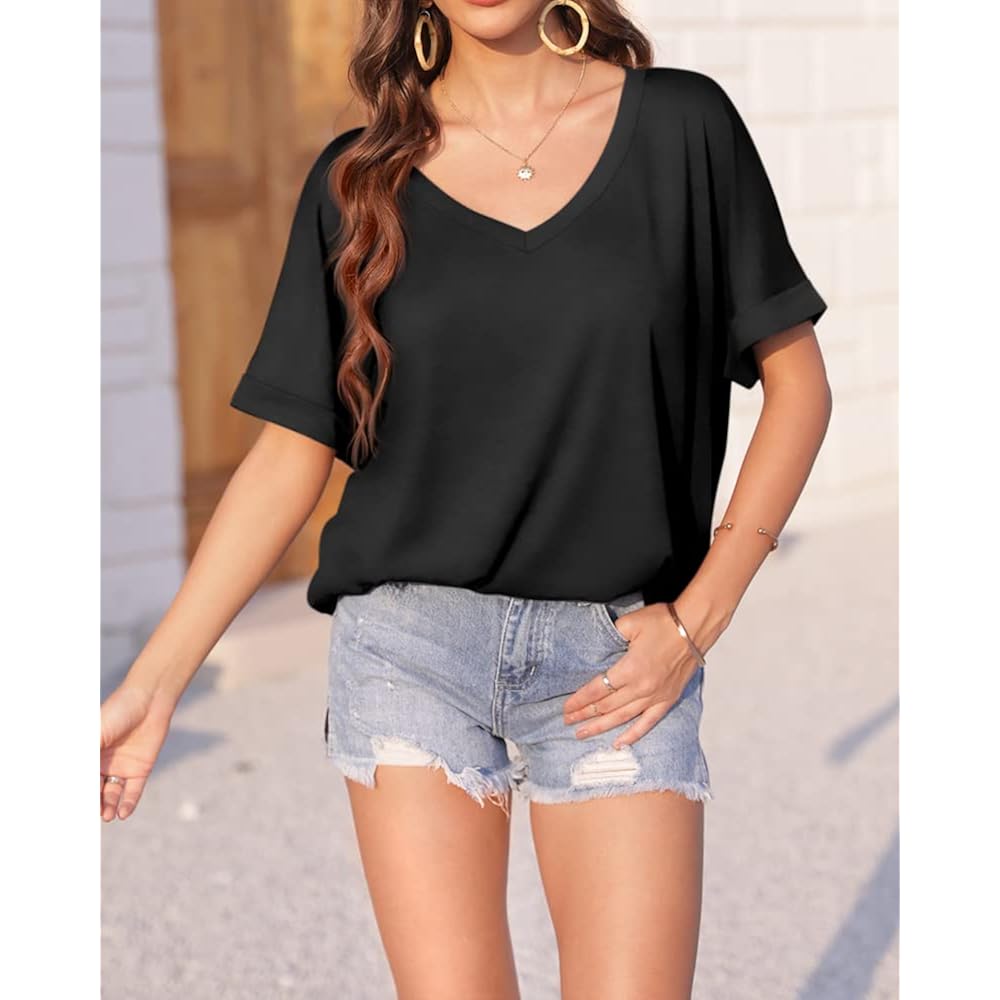 Langwyqu Women's Oversized T Shirts V Neck Short Sleeve Summer Casual Loose Tops Tees