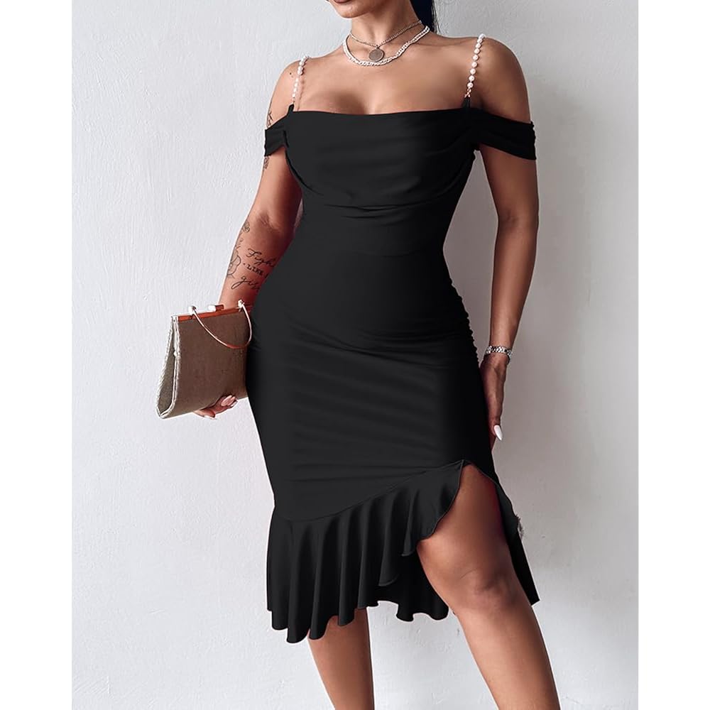 Chicme Womens Sexy Bodycon Party Dress Off The Shoulder Pearls Strap Midi Dress Ruffle Hem Cocktail Dresses