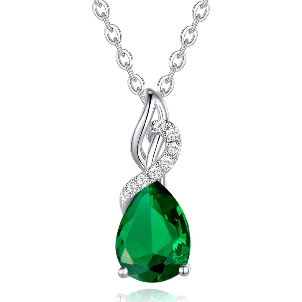 FANCIME 14K Solid White Gold Teardrop Pendant with Diamond Birthstone Necklace