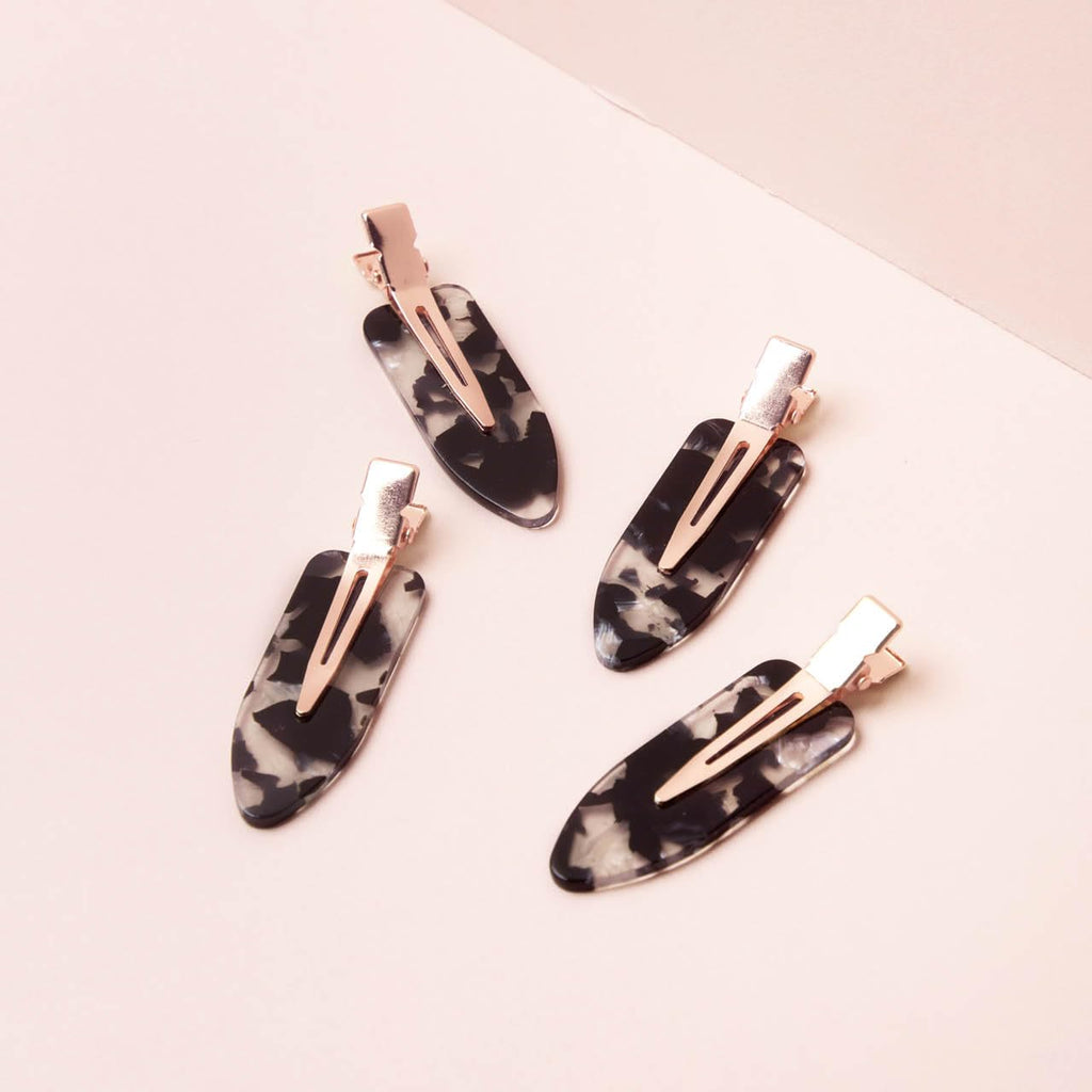 Kitsch Creaseless Hair Clips For Women - No Crease, No Bend Hair Clips For Styling, Bangs, Makeup Application, Face Wash | Recycled Acrylic - Black Terrazzo, 4Pcs