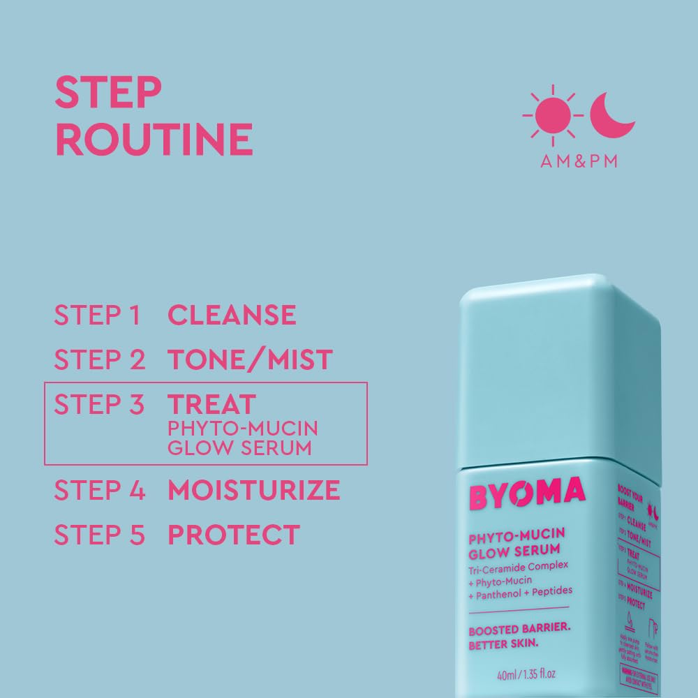 Byoma Phyto-Mucin Glow Serum - Mucin Face Serum For Glass Skin - Plumps, Primes + Hydrates - Flawless Primer And Makeup Base - Strengthens Skin Barrier - 1.35 Fl.Oz
