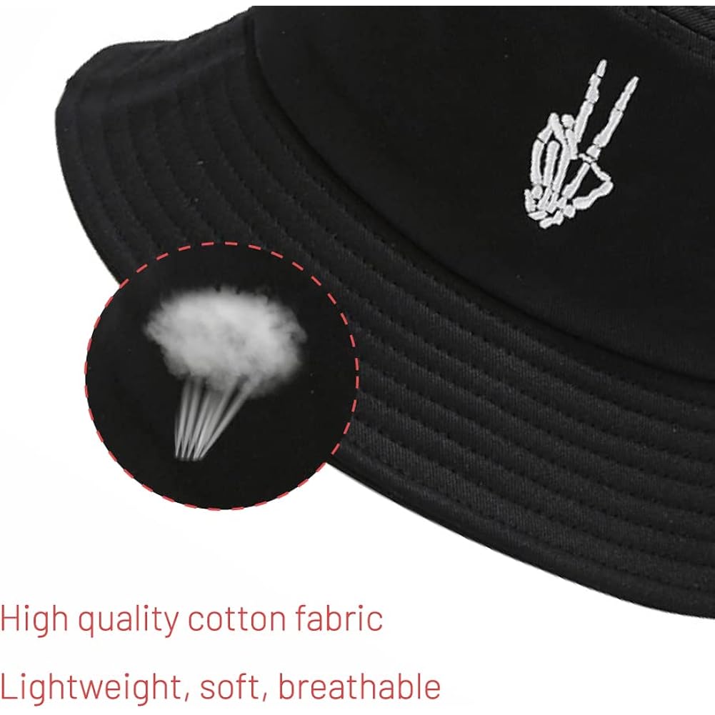 Cotton Bucket Hat for Women Men Summer Travel Sun Beach Bucket Cap, Unisex Outdoor Fisherman Hat Skeleton Fingers Black