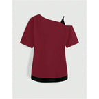 Soly Hux Women'S Gothic Grunge Cold Shoulder Short Sleeve T Shirts 2 In 1 Asymmetrical Tee Tops