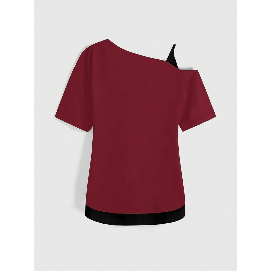 Soly Hux Women'S Gothic Grunge Cold Shoulder Short Sleeve T Shirts 2 In 1 Asymmetrical Tee Tops