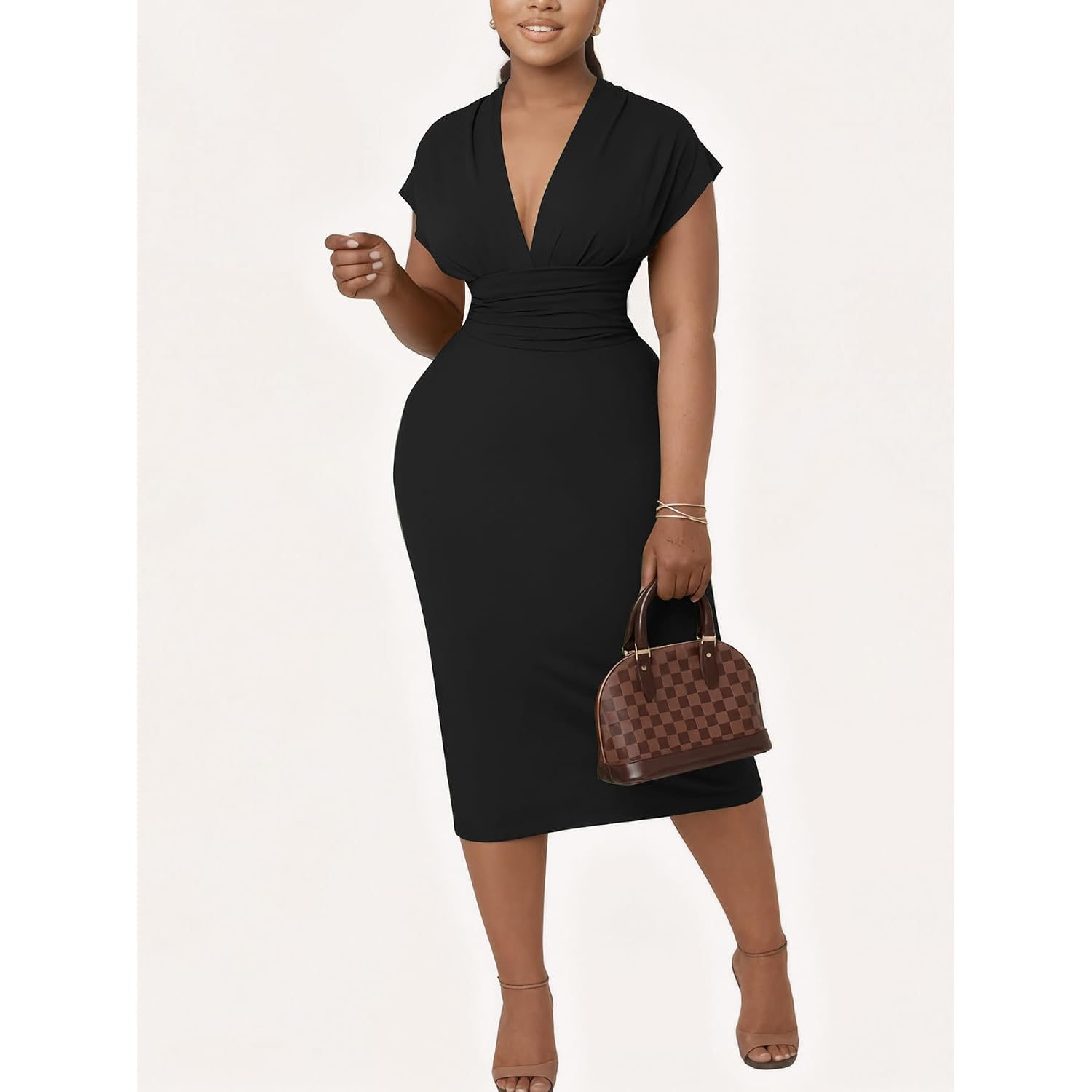 Women'S Bodycon Midi Dress Deep V-Neck Cap Sleeve Ruched High Waist Stretchy Dresses For Date Nights, Parties & Work