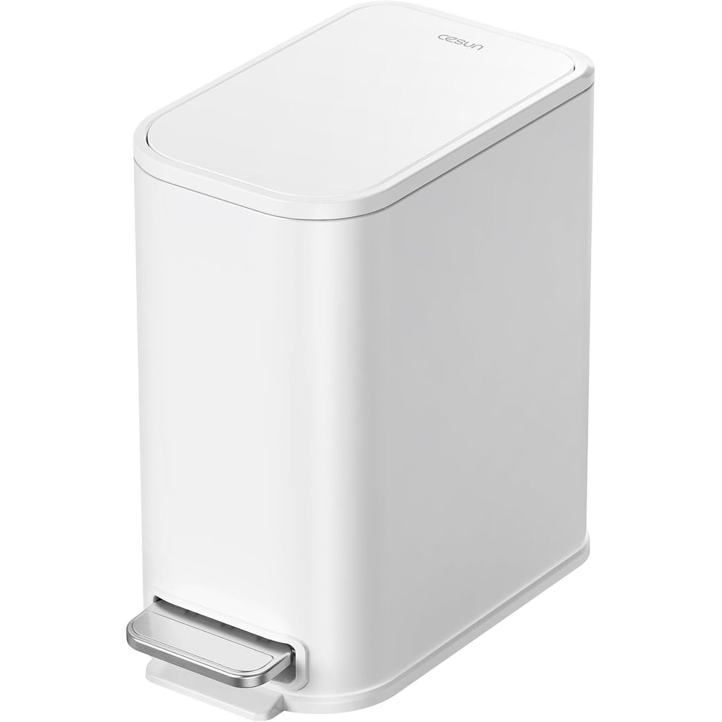 Cesun Small Bathroom Trash Can With Lid Soft Close, Step Pedal, 5 Liter / 1.3 Gallon Stainless Steel Garbage Can With Removable Inner Bucket, Waste Basket For Bathroom, Bedroom (White)