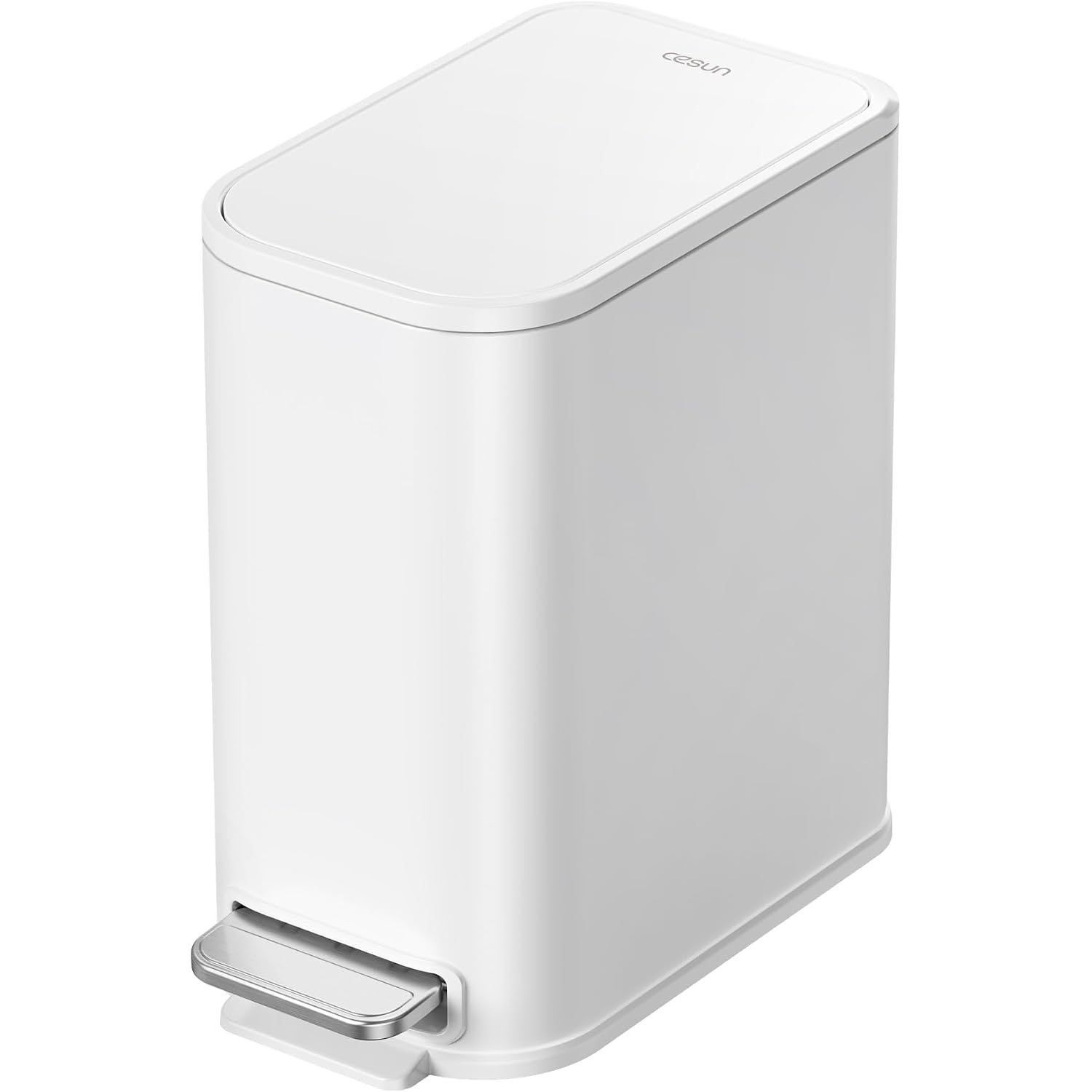 Cesun Small Bathroom Trash Can With Lid Soft Close, Step Pedal, 5 Liter / 1.3 Gallon Stainless Steel Garbage Can With Removable Inner Bucket, Waste Basket For Bathroom, Bedroom (White)