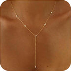 LuckFairy Lariat Necklace for Women，Dainty Gold Long Necklaces 14k Gold Plated CZ Lips Bead Y-Shaped Drop Chain Necklace Simple Gold Layered Necklaces for Women Trendy Gold Jewelry Gifts for Women
