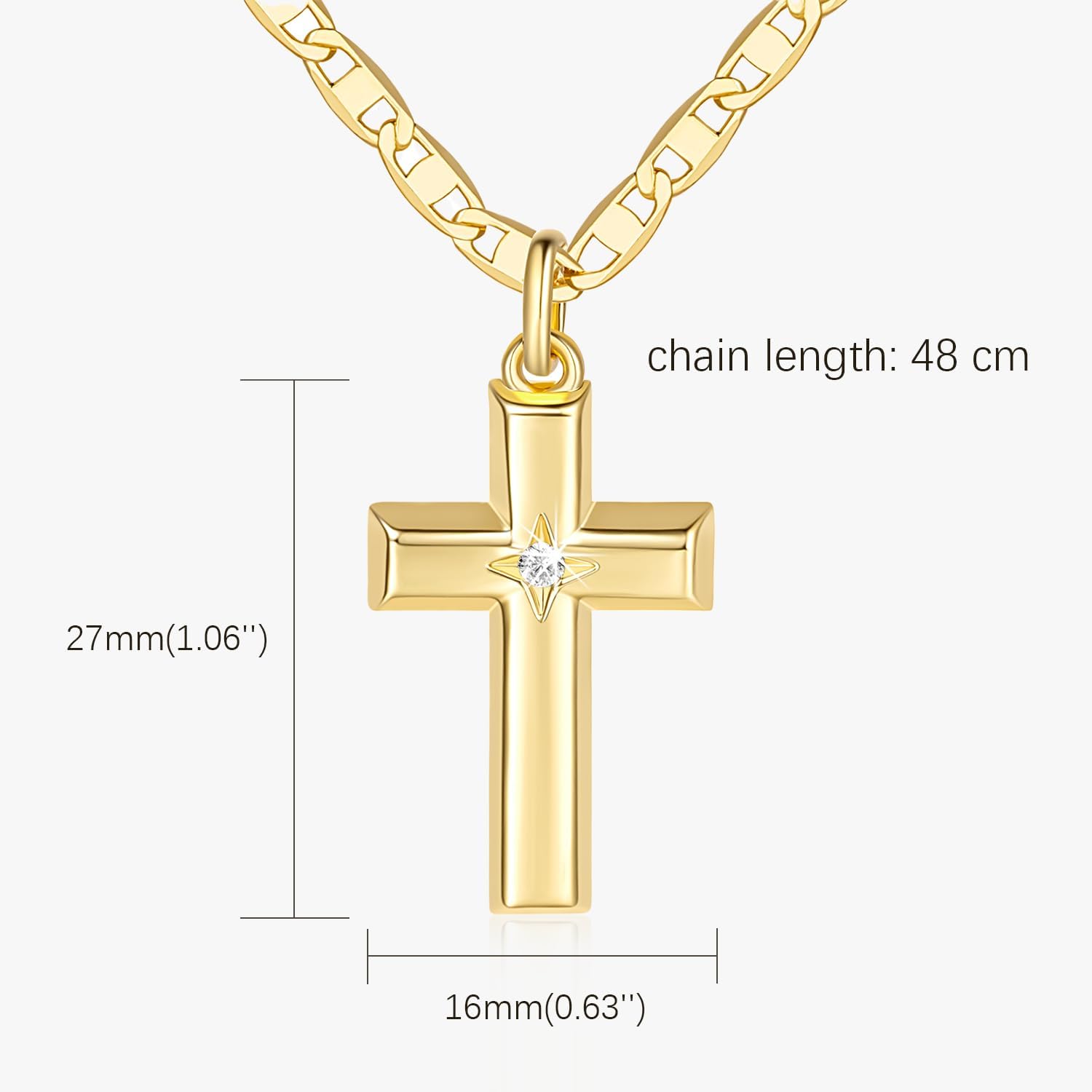 48cm 14k Gold Cross Necklace for Women Gold Necklace Cross Pendant Small Necklaces 48cm Chain with a CZ Stone