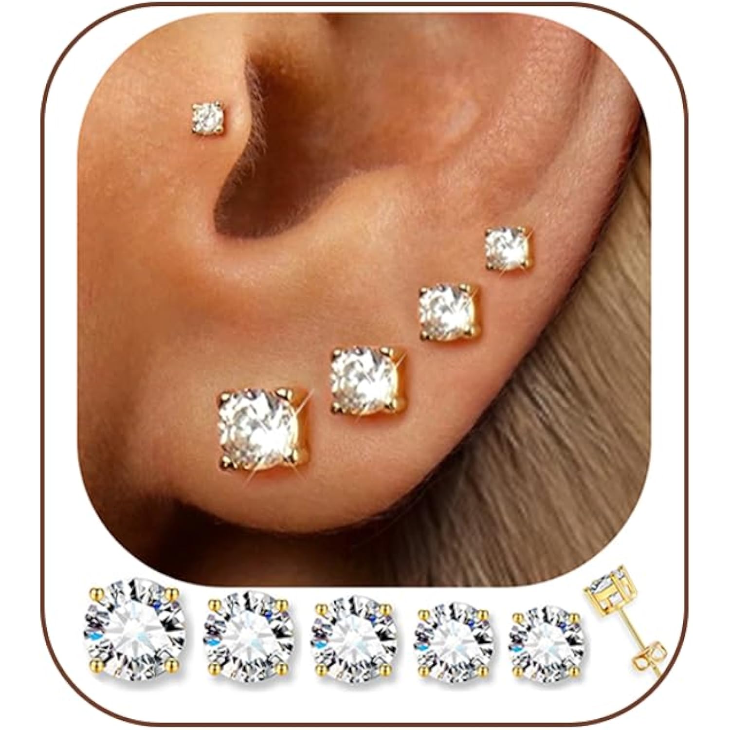 5 Pairs 14K Gold Plated Stud Earrings for Women, Hypoallergenic Earring Sets for Multiple Piercing, Premium Cubic Zirconia Studs Earrings for Women