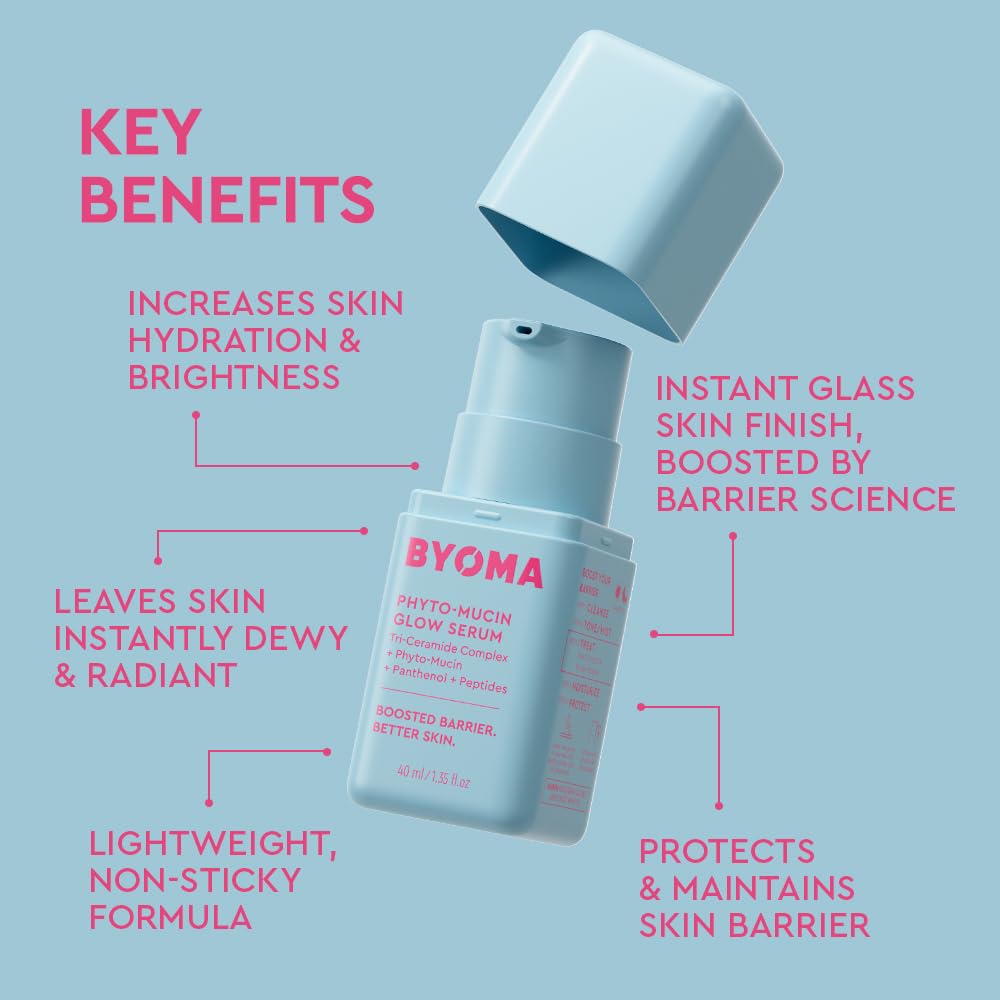 Byoma Phyto-Mucin Glow Serum - Mucin Face Serum For Glass Skin - Plumps, Primes + Hydrates - Flawless Primer And Makeup Base - Strengthens Skin Barrier - 1.35 Fl.Oz