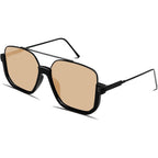 GUVIVI Retro Oversized Aviator Sunglasses for Women Men Square Double Bridge Pilot Sun Glasses 70s Trendy Shades Black Frame - Light Brown Lens