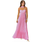 Women Bridesmaid Dress With Scarf Strapless Pleated Satin Flowy Formal Evening Gown Maxi Dresses
