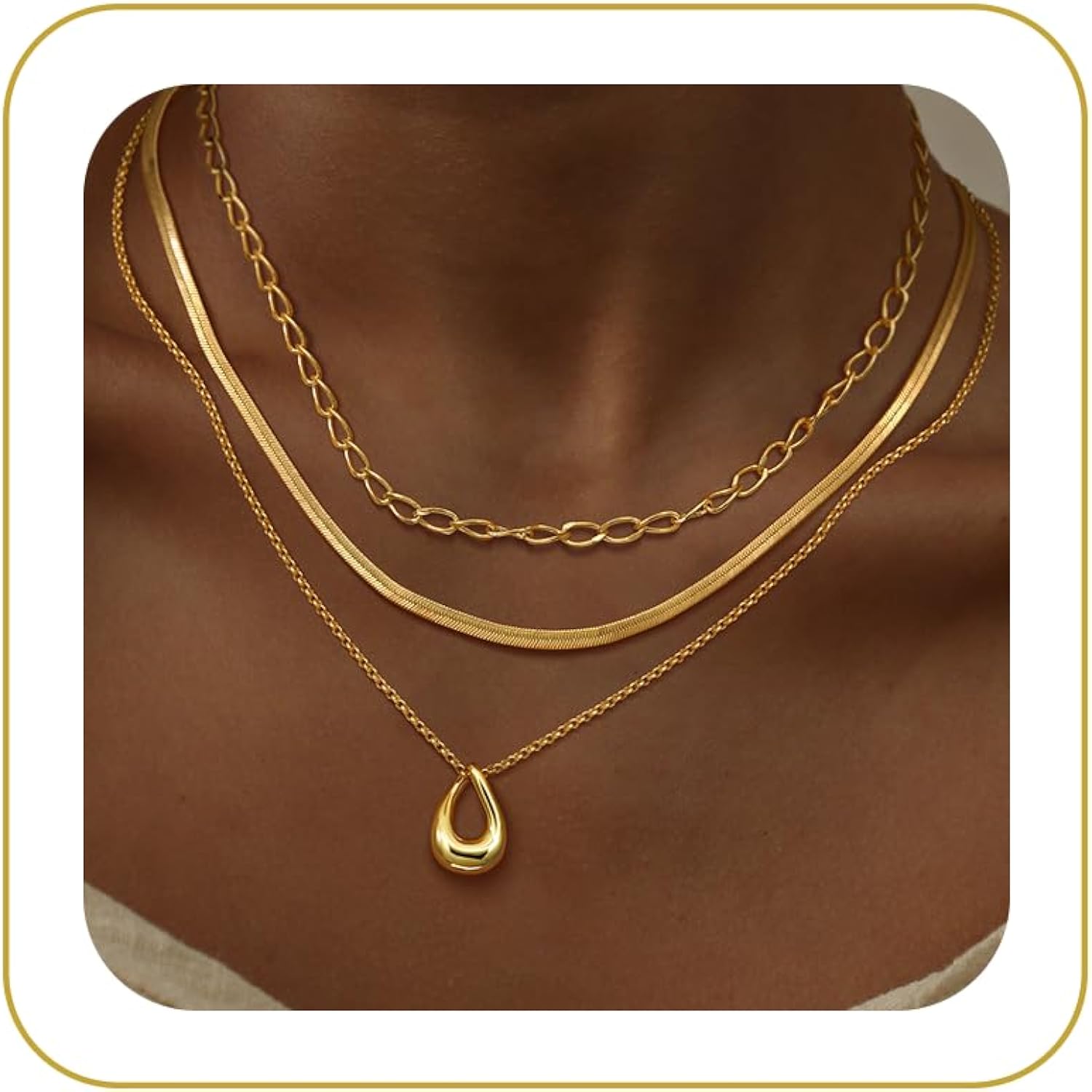 NECOCY Layered Gold Necklaces for Women, Trendy 14k Gold/Silver Plated Pendant Necklace Stack Simple Herringbone Chain Choker Set Gold Jewelry Gifts