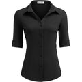 Women's Basic Button Down Shirts 3/4 Sleeve Stretch Button Up Dress Shirt Slim Fit Waitress Work Shirts