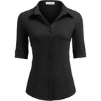 Hotouch Women'S Basic Button Down Shirts 3/4 Sleeve Stretch Button Up Dress Shirt Slim Fit Waitress Work Shirts