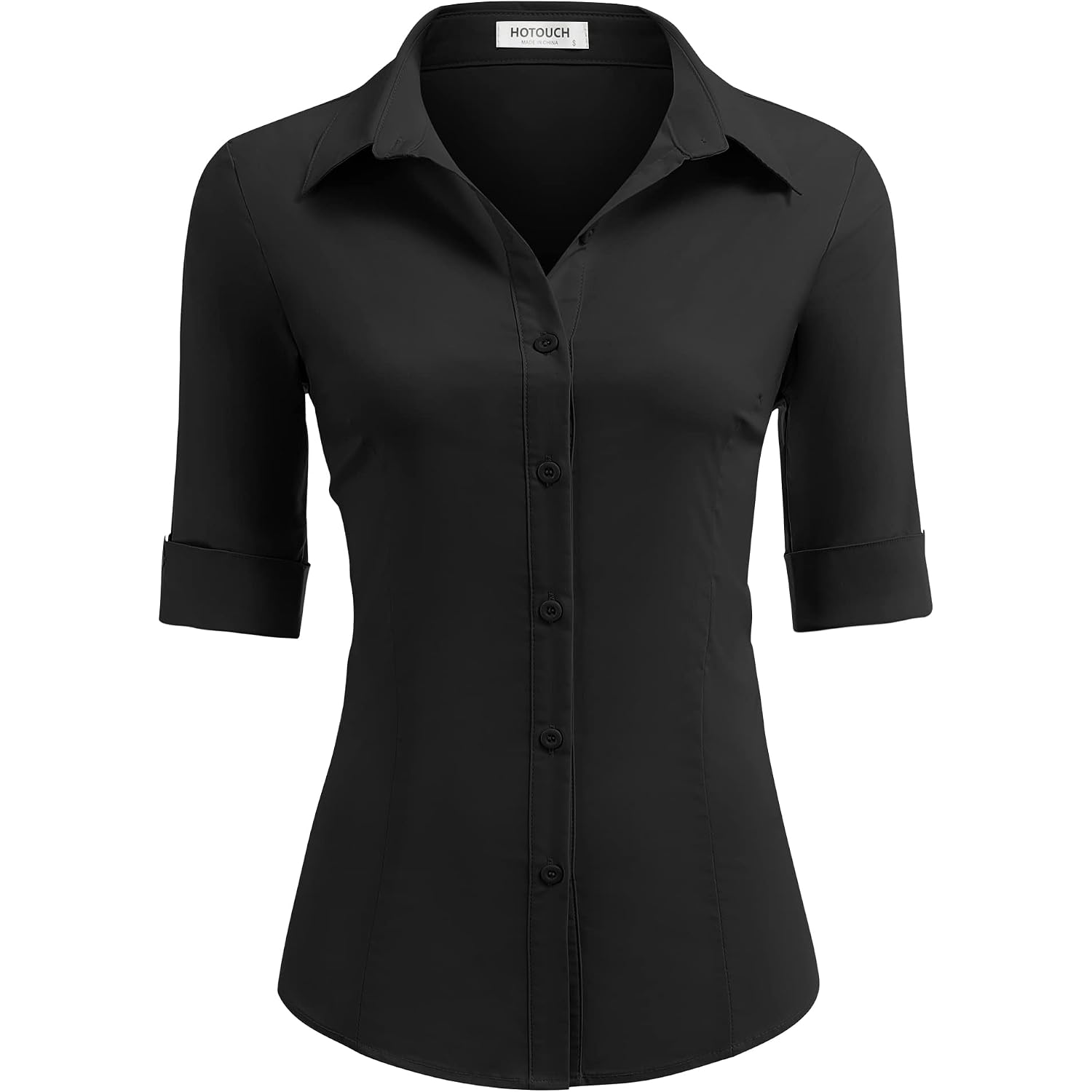 Hotouch Women'S Basic Button Down Shirts 3/4 Sleeve Stretch Button Up Dress Shirt Slim Fit Waitress Work Shirts
