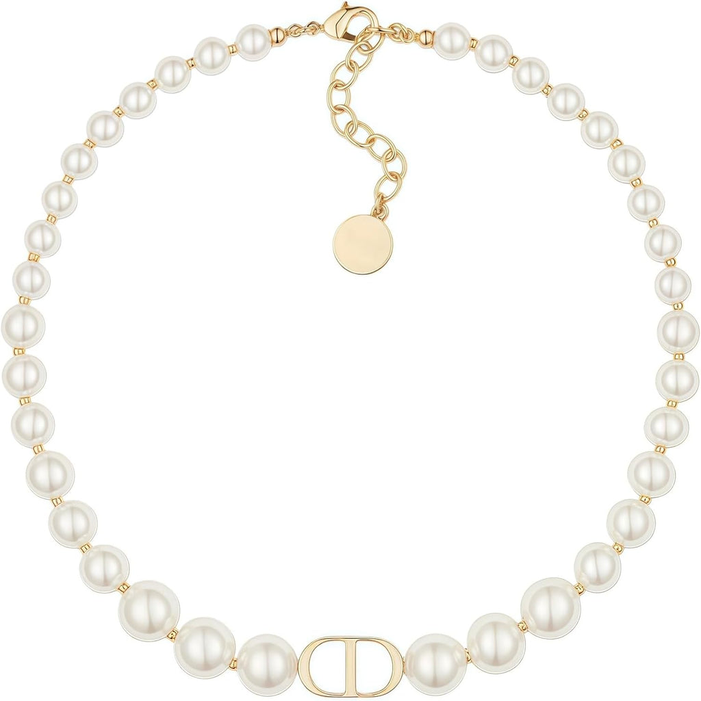 18K gold plated copper pearl necklace, with luxurious letter design and rectangular three-dimensional pendant, double-layered stacked straps highlighting the fashionable charm of women's jewelry