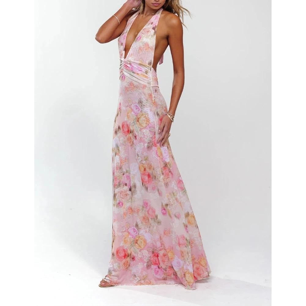 Women Halter Backless Dress Deep V Neck Open Back Mesh Maxi Dress Beach Vacation Wedding Guest