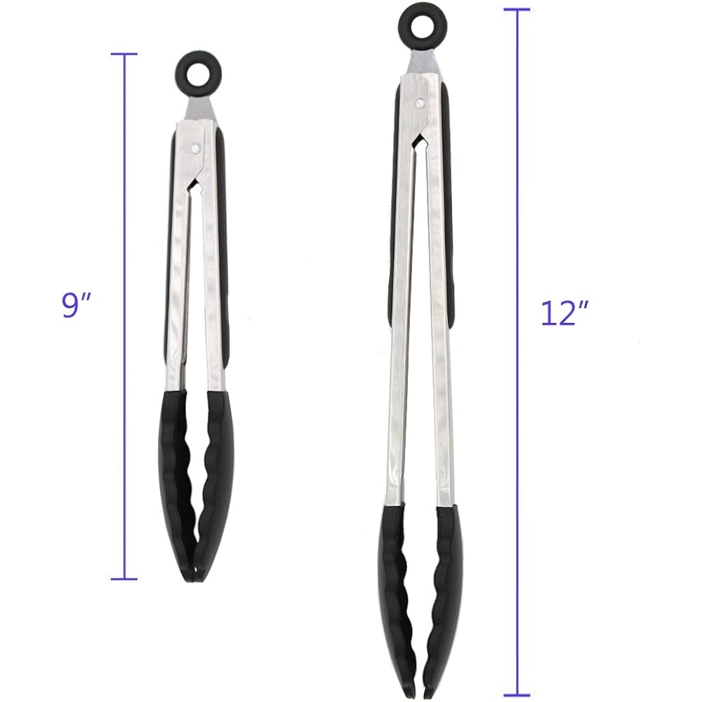 2 Pack Black Kitchen Tongs, Premium Silicone Bpa Free Non-Stick Stainless Steel Bbq Cooking Grilling Locking Food Tongs, 9-Inch & 12-Inch