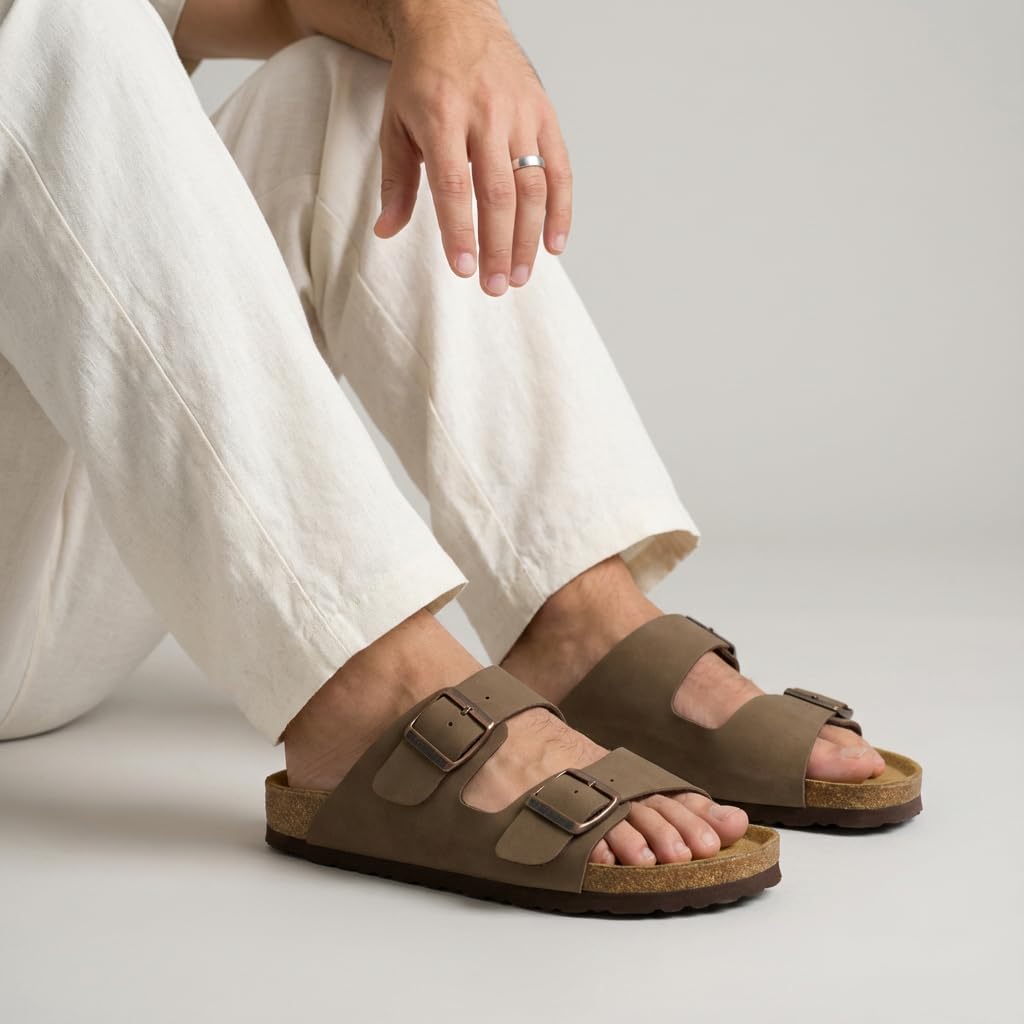 Cushionaire Lane Cork Footbed Mens Sandals, Adjustable Buckle Comfort Slides For Men, Genuine Leather Insole Summer Sandals Men Footwear