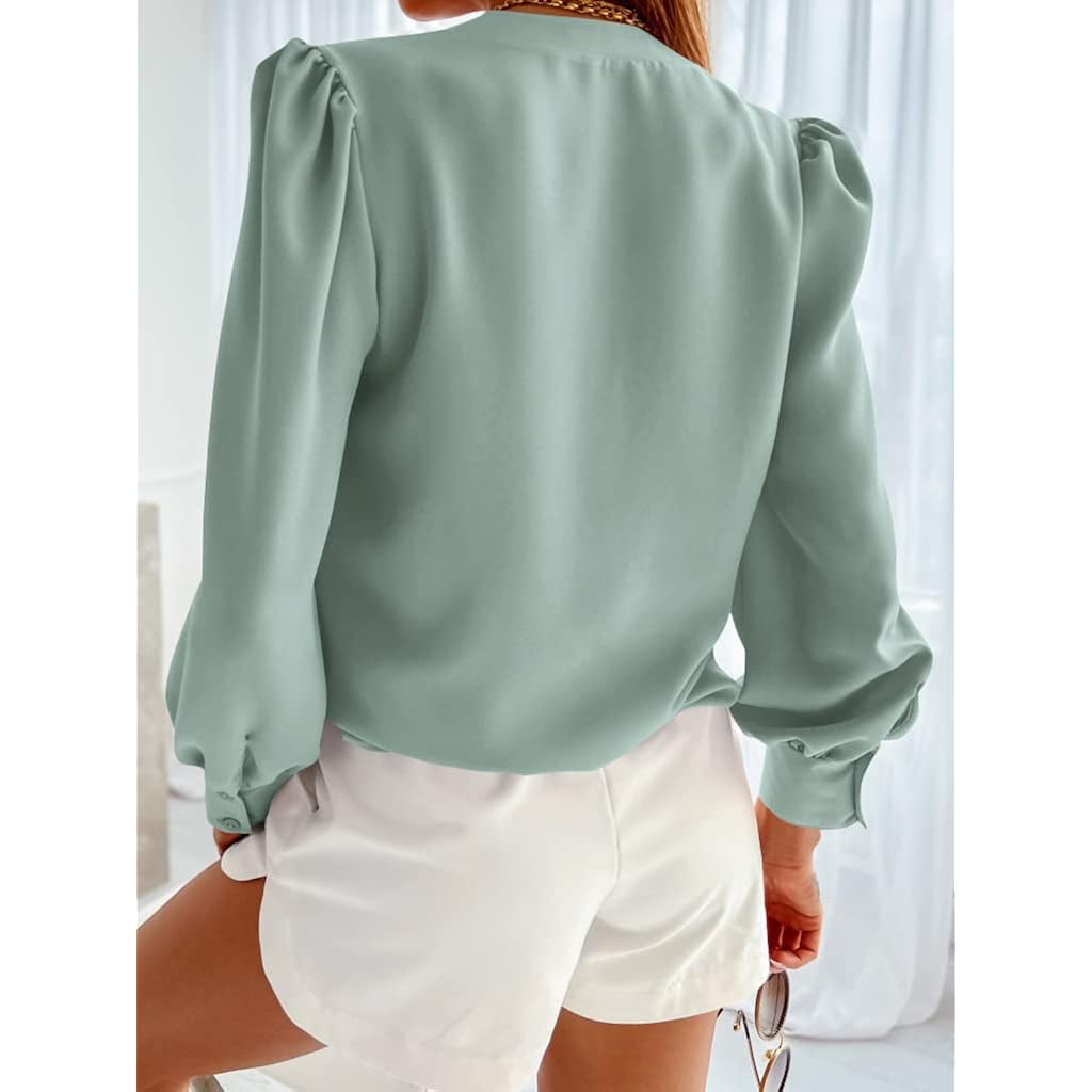 Women's Business Casual Tops Summer Long Sleeve Button Down Shirts V Neck Chiffon Blouses