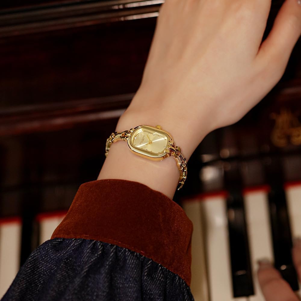 CARLIEN Women Vintage Petite Bracelet Gold Dainty Watch Small Oval Analog Quartz Watch Luxury Waterproof Ladies Diamonds Wristwatch