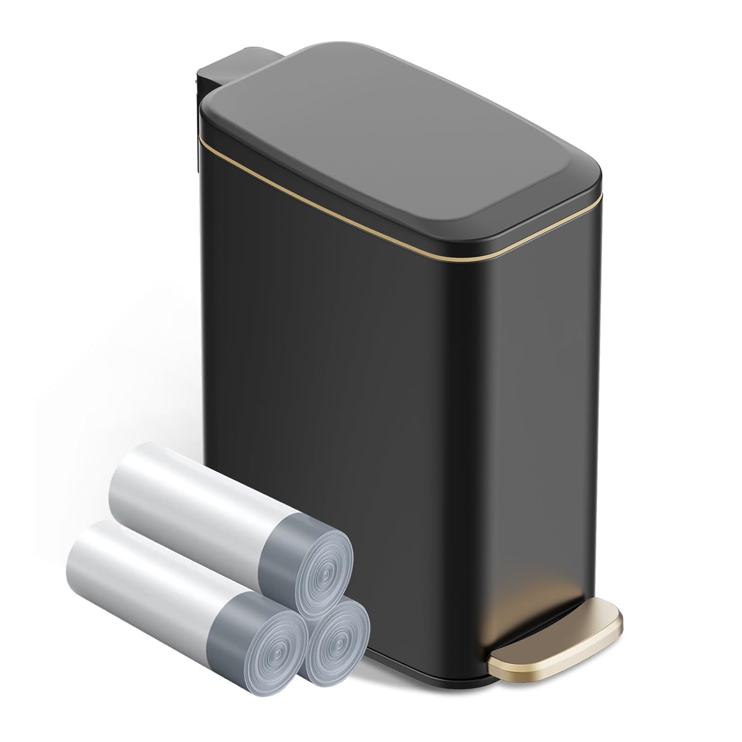 Ksskss Small Bathroom Trash Can With Lid Soft Close, Step Pedal, 6L / 1.6 Gal Stainless Steel Garbage Bin With Removable Inner Bucket, Slim Wastebasket For Narrow Spaces (Black)