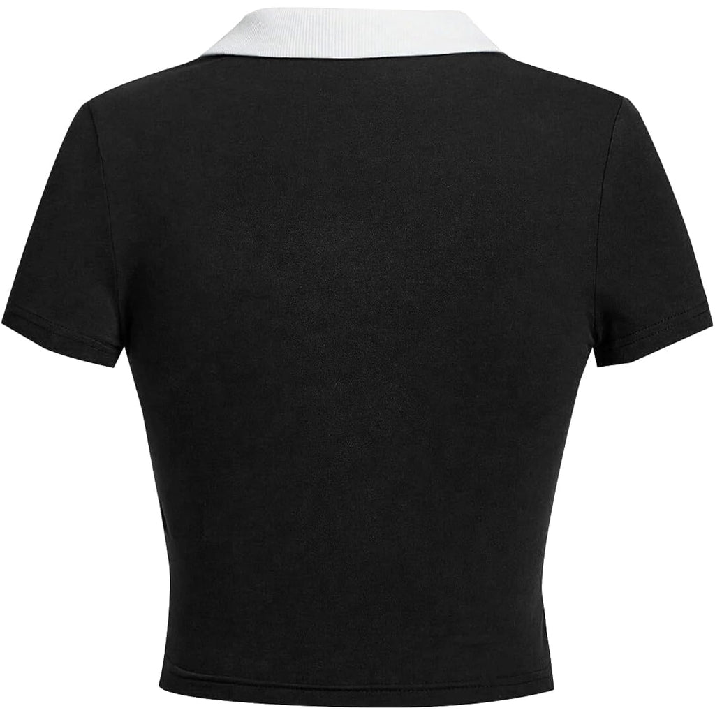 Women Polo Collared V Neck Tee Shirts Ringer Short Sleeve Crop Tops