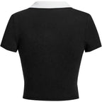 Women Polo Collared V Neck Tee Shirts Ringer Short Sleeve Crop Tops