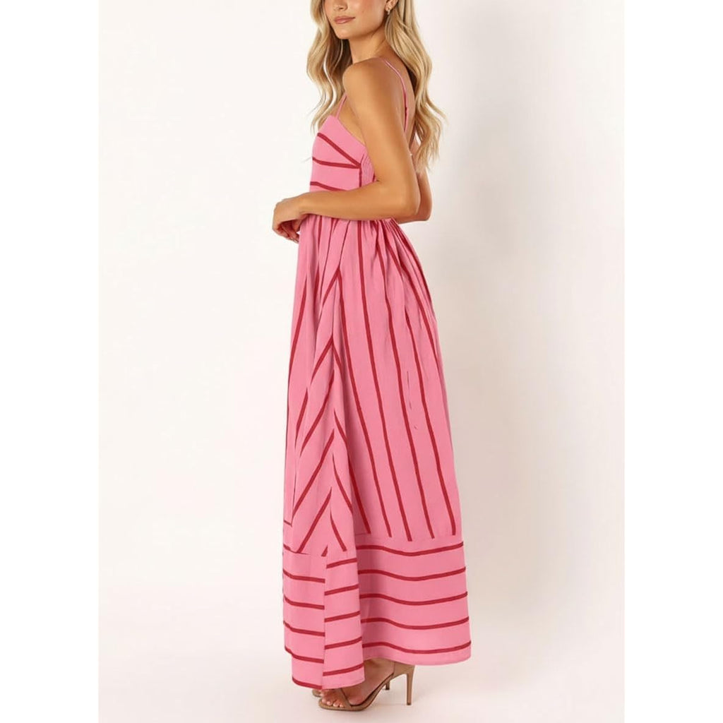 Chouyatou Women'S Striped Back Smocked Maxi Dress Sexy Spaghetti Strap Cut Out Flowy Swing Long Dress