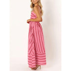 Chouyatou Women'S Striped Back Smocked Maxi Dress Sexy Spaghetti Strap Cut Out Flowy Swing Long Dress