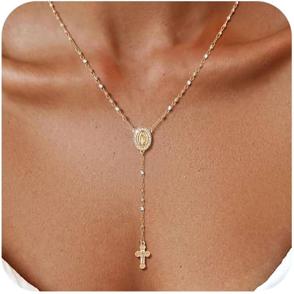 Women's Gold Virgin Mary Necklace - 14k Gold Plated Rosary Bead Cross Necklaces,Hypoallergenic Non Tarnish Gold Catholic Y Chain Necklace,Religious Rosary Beads Crucifix Necklaces Jewelry Gift for Her