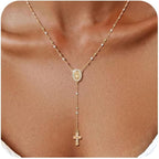 Women's Gold Virgin Mary Necklace - 14k Gold Plated Rosary Bead Cross Necklaces,Hypoallergenic Non Tarnish Gold Catholic Y Chain Necklace,Religious Rosary Beads Crucifix Necklaces Jewelry Gift for Her