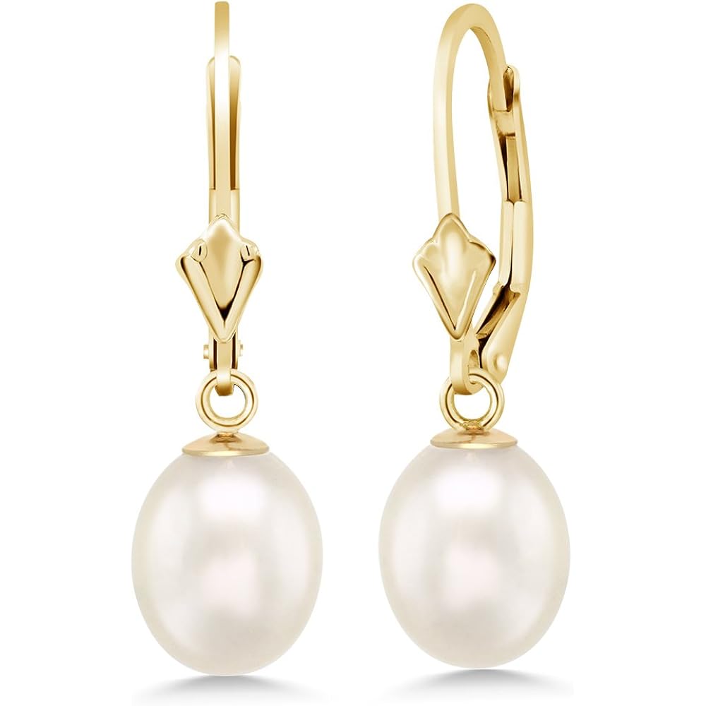 Gem Stone King 14K Gold 9MM Cultured Freshwater Pearl Dangle Earrings For Women | Leverback Gold Drop Earrings | Fine Jewelry Gifts for Women Her Mom Wife