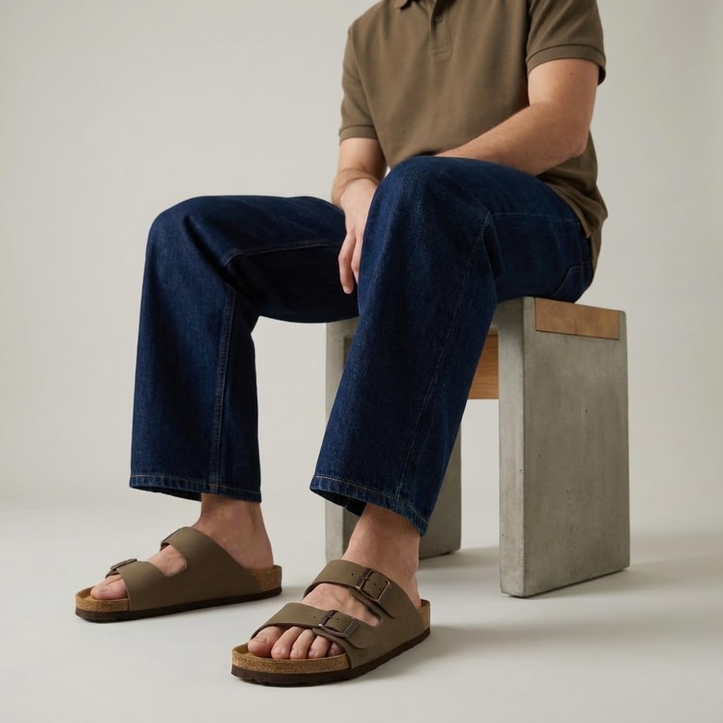 Cushionaire Lane Cork Footbed Mens Sandals, Adjustable Buckle Comfort Slides For Men, Genuine Leather Insole Summer Sandals Men Footwear