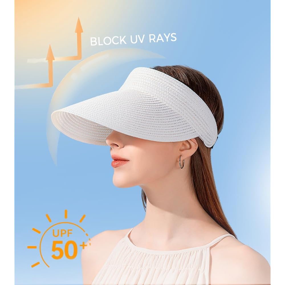 Sun Visor Hat for Women Summer Travel Vacation Foldable Wide Brim Straw Ponytail Beach Hat Outdoor UV Protection Cap Beige