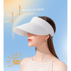 Sun Visor Hat for Women Summer Travel Vacation Foldable Wide Brim Straw Ponytail Beach Hat Outdoor UV Protection Cap Beige