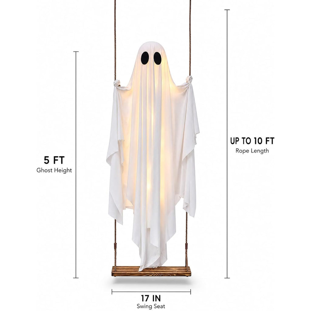 Halloween Decorations Outdoor - 5 Ft Large Hanging Swing Ghost Halloween Decor With String Lights, Spooky Cute Ghosts Decorations For Front Porch Yard Tree