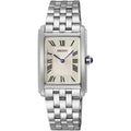 Seiko Swr083 Rectangular Watch - Essentials Collection - Roman Numeral Dial, Blue Hands, Stainless Steel Bracelet, And 50M Water Resistance