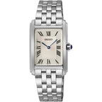 Seiko Swr083 Rectangular Watch - Essentials Collection - Roman Numeral Dial, Blue Hands, Stainless Steel Bracelet, And 50M Water Resistance