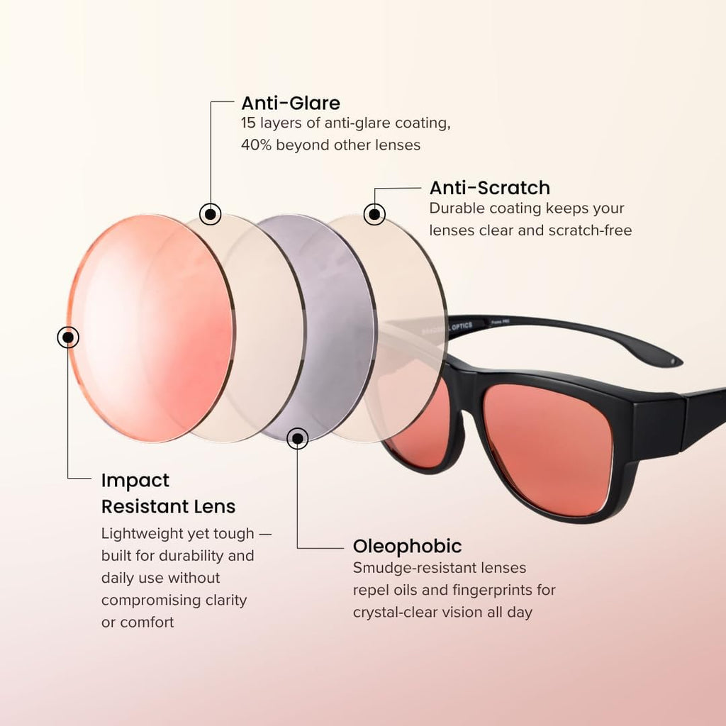 Braddell Fl-41 Rose Fit-Over Glasses With Fl-60 Interchangeable Lenses For Migraine Light Sensitivity And Fluorescent Led Glare (Large)