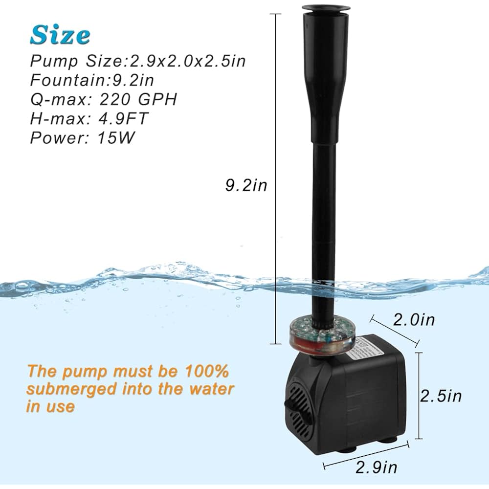 15W 220 Gph Submersible Fountain Pump With Led Light (800L/H), Ultra Quiet Adjustable Water Pump For Water Feature, Hydroponics, Garden, Pond, Aquariums, Fish Tanks, Indoor Outdoor Fountain
