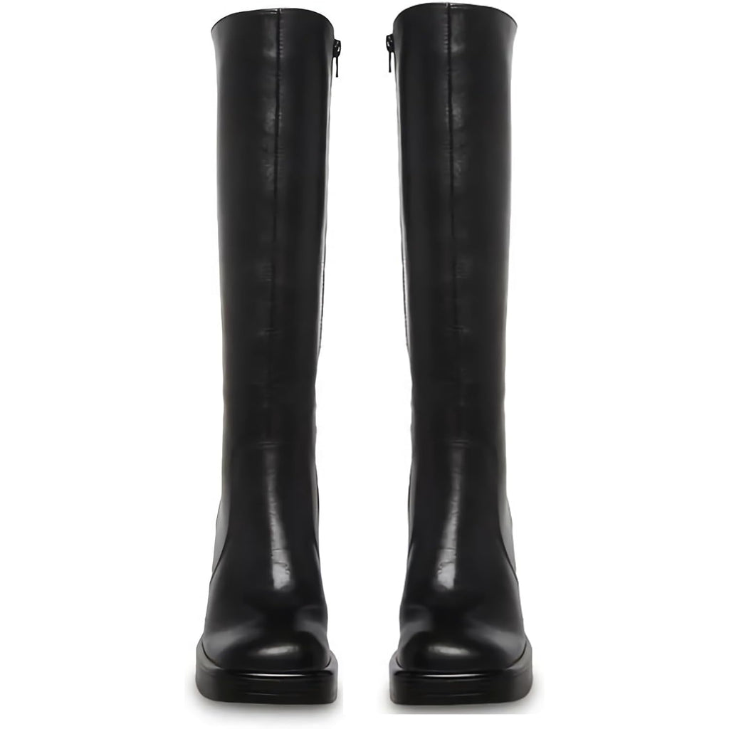 Black Leather Boots Platform Boots For Women Fashion Square Toe Chunky Block Heeled Boots Side Zip