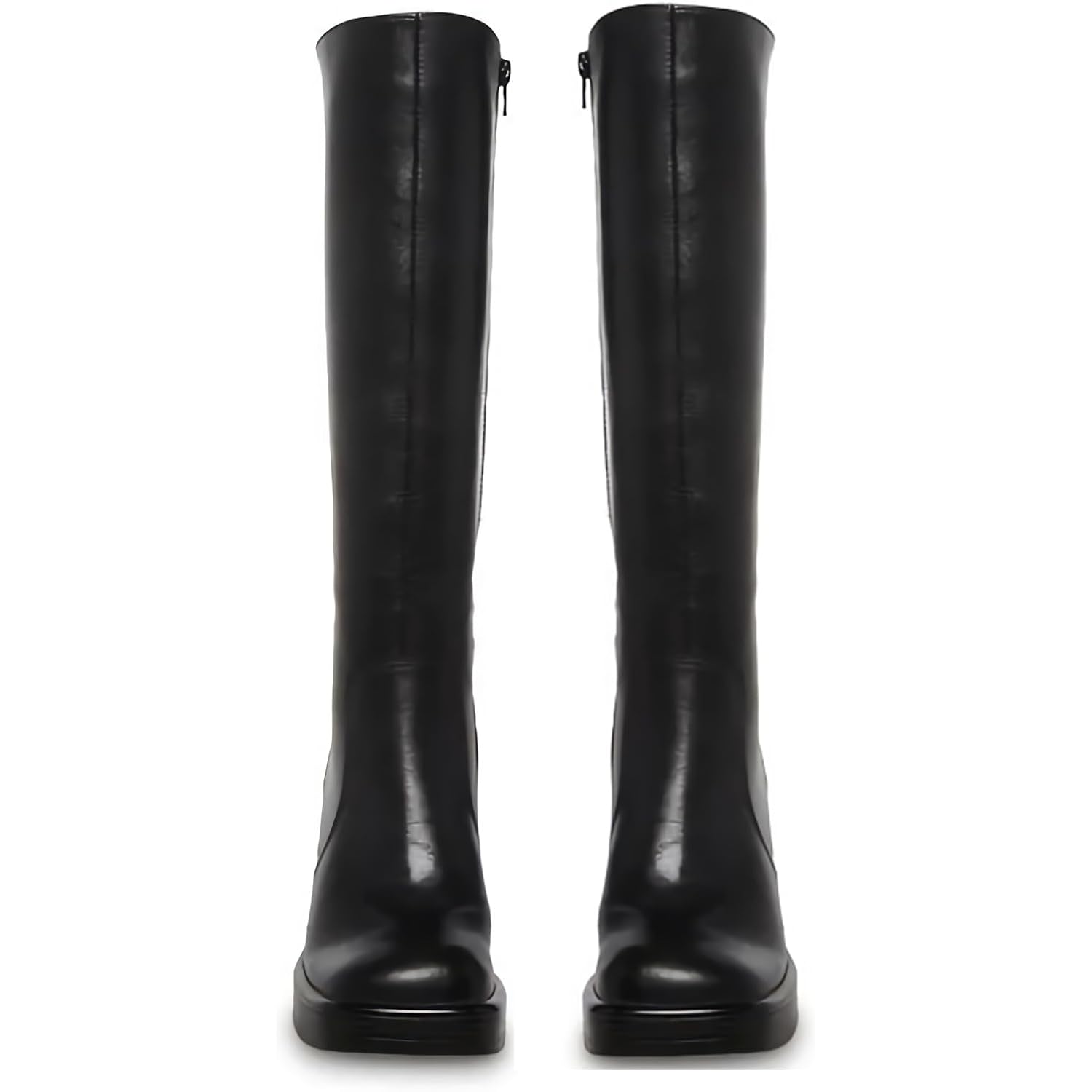 Black Leather Boots Platform Boots For Women Fashion Square Toe Chunky Block Heeled Boots Side Zip