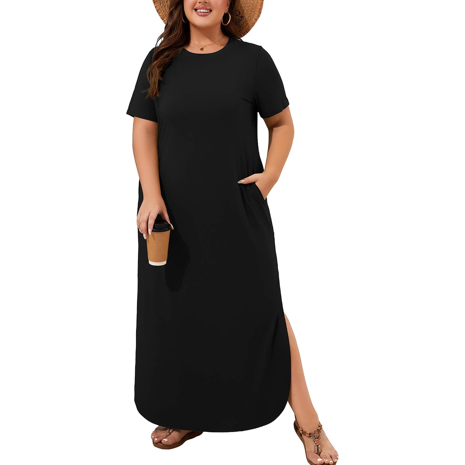 Auslook Plus Size Maxi Dresses For Women Summer Casual Long T Shirt Dress Crew Neck Flowy Beach Vacation Sundress With Pocket
