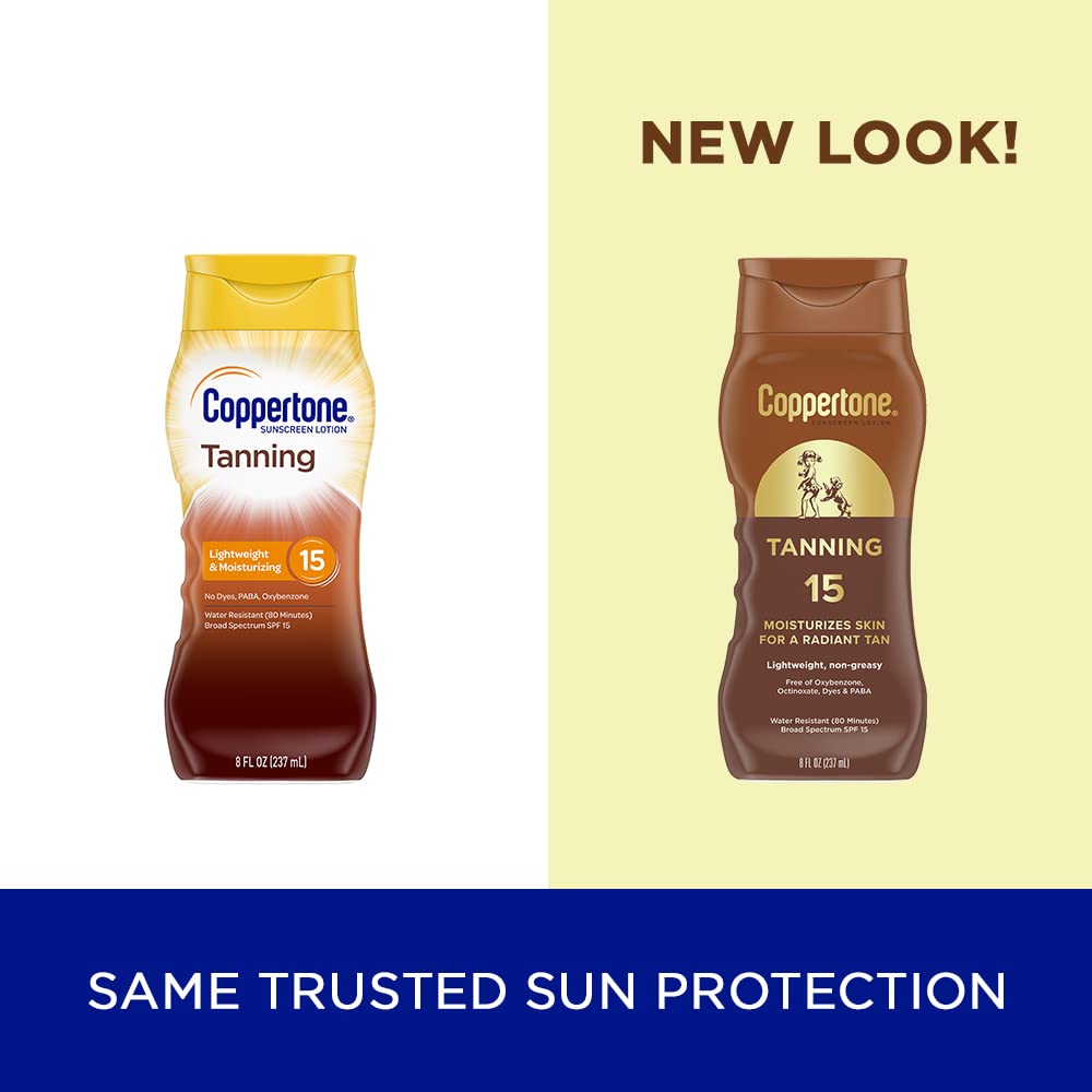 Coppertone Tanning Sunscreen Lotion, SPF 15, Lightweight and Non Greasy Sunscreen, Water Resistant, Oxybenzone Free, Sun Tan Lotion Moisturizes Skin for a Radiant Tan, 8 Fl Oz Bottle