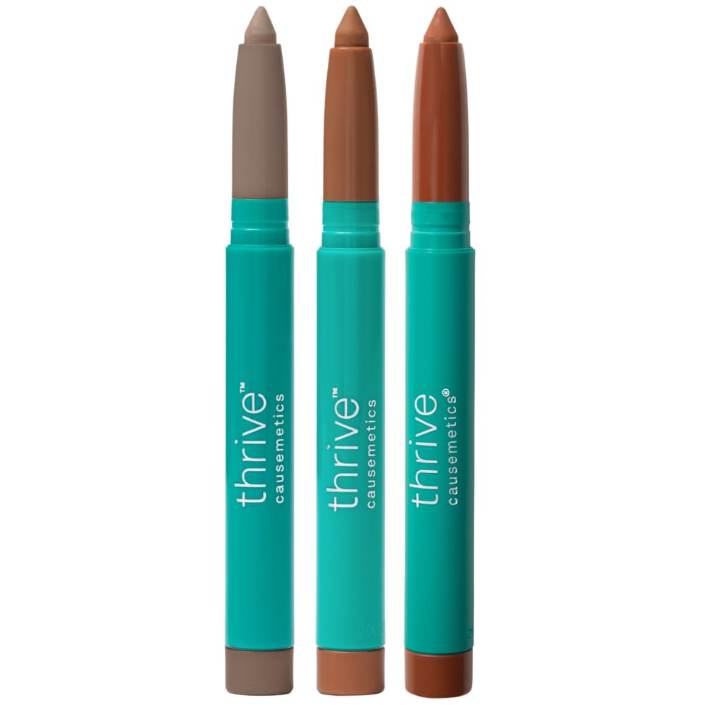 Thrive Causemetics Brilliant Eye Brightener Matte Classic Eyeshadow Stick Bundle, 3 Shades, Waterproof & Crease Proof Cream to Powder Long Lasting Formula, 3 Shadow Sticks & Confetti Makeup Bag