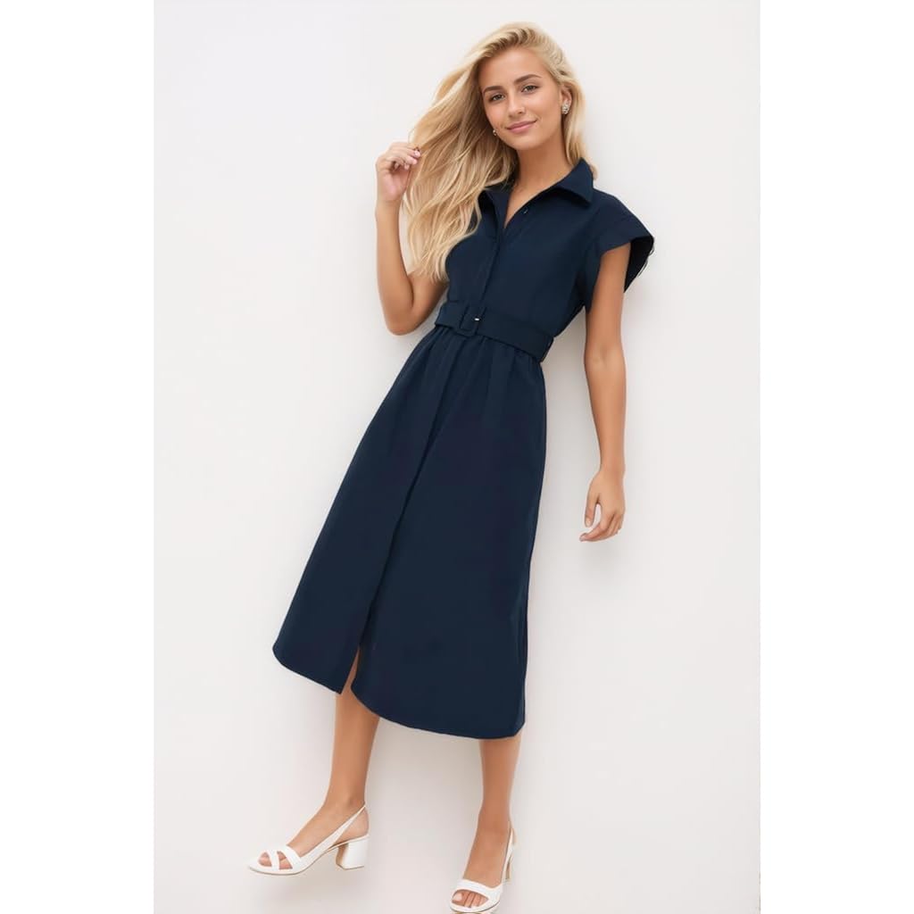 Ladyful Women Casual Button Down Shirt Dress Short Wing Sleeve Buiness Midi Shirt Dress With Belt Elegant Dress
