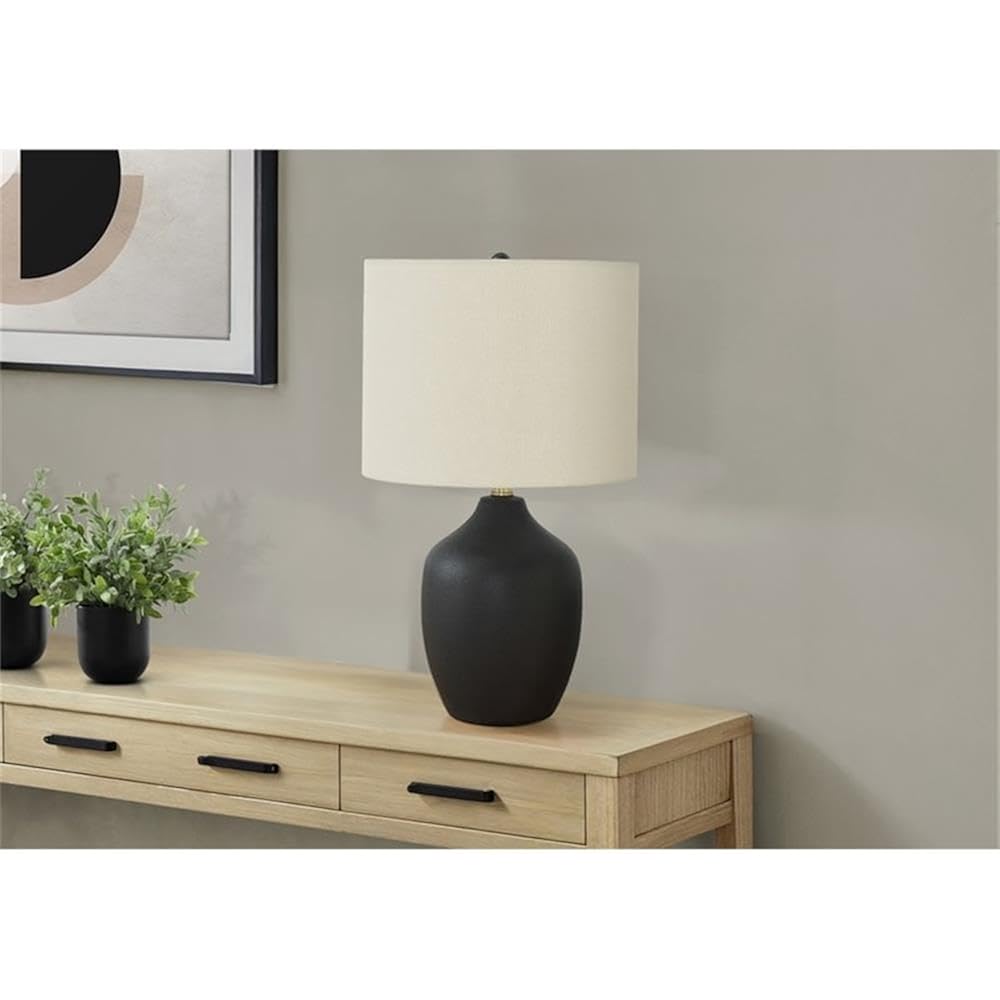 Pemberly Row 22" Black Ceramic Table Lamp, Ivory Linen Drum Shade, 3-Way Switch, 7.5" Base And 13" Shade, Transitional Style, Decorative Lighting For Living Room, Bedroom, Or Office